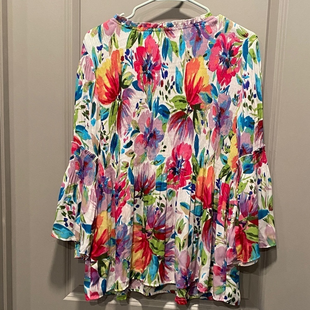 Spense Floral Blouse Large Ruffle V-Neck Flared Sleeve Lightweight Top - Picture 7 of 7